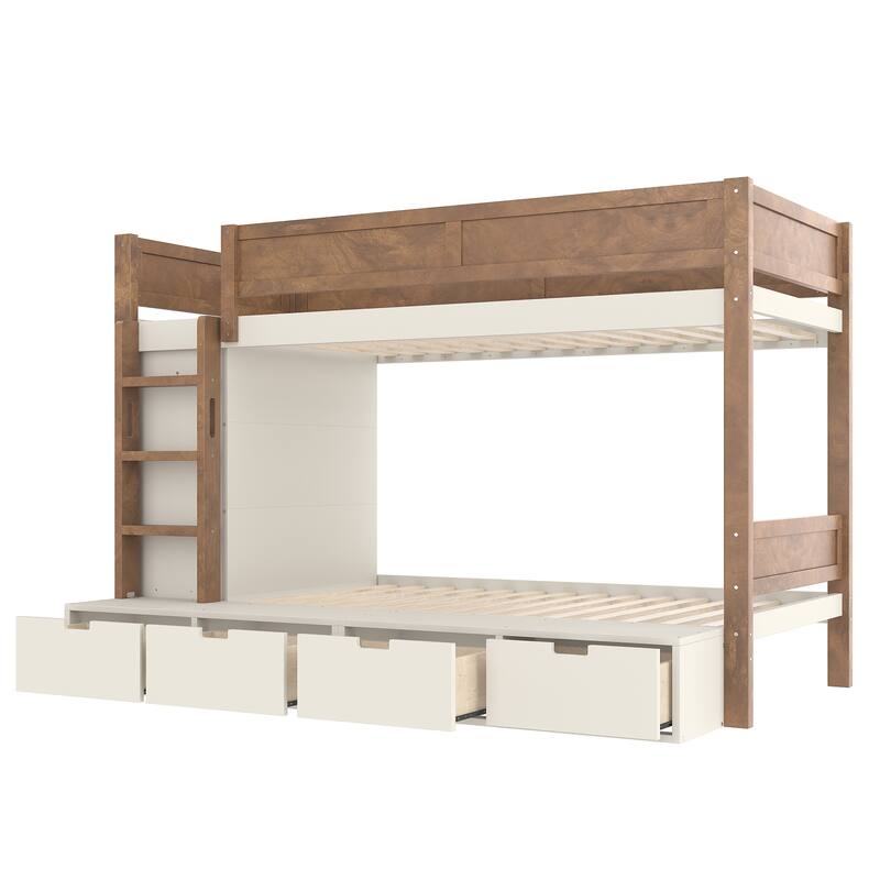 Twin Over Twin/Twin XL Over Full Bunk Bed Solid Wood Storage Bedframe with Built-in Wardrobe, 4 Under Drawers and Guardrails