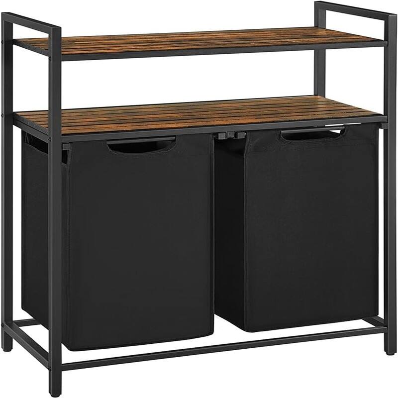 Laundry Sorter with 2 Pull-Out and Removable Bags, 2 Shelves - 28.8"L x 13"W x 36.2"H - Rustic Brown + Black