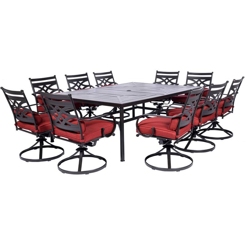 Hanover Montclair 11-Piece Dining Set in Chili Red with 10 Swivel Rockers and a 60-In. x 84-In. Table