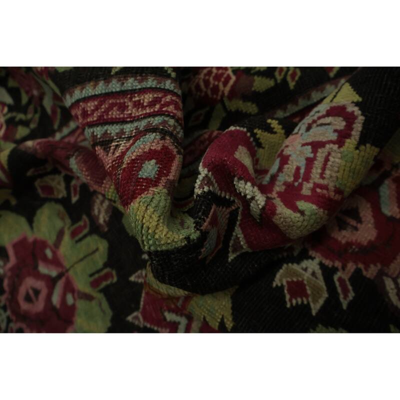 Hand Knotted Oriental 100% Wool Carpet Traditional Floral Black Karabagh Runner Rug - 17' 11'' X 3' 5''