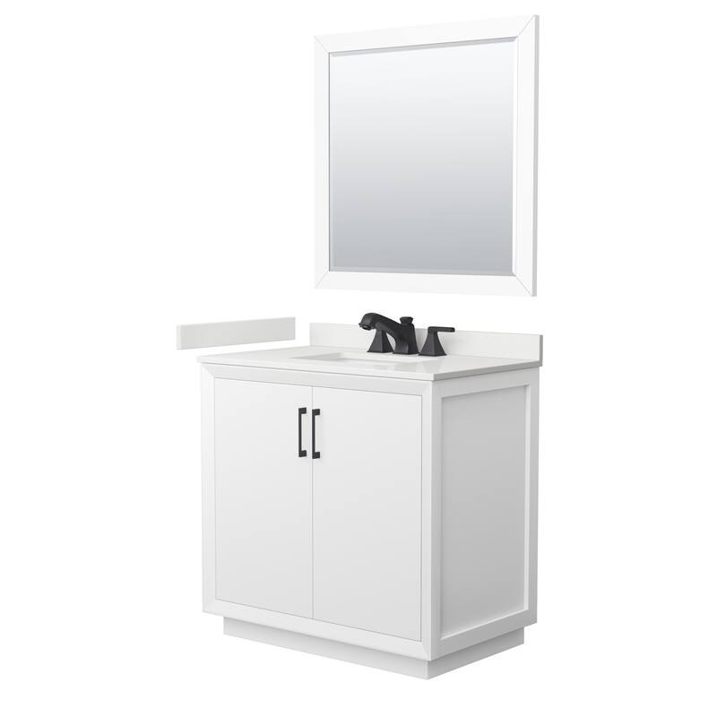 Strada 36-inch Single Vanity, Quartz Top, 34-inch Mirror - White, Black Trim, White Quartz Top