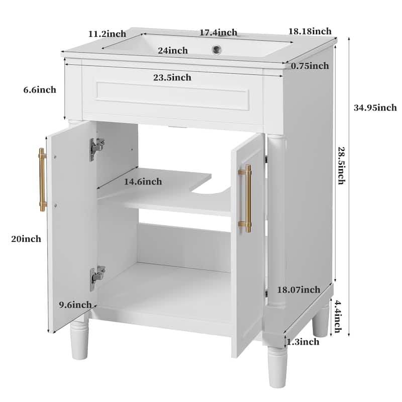 Elegant Bathroom Vanity Freestanding Storage Cabinet with Sink, 2 Doors, Gold Handles and Adjustable Interior Shelf