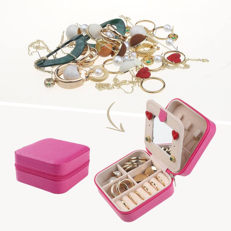 Travel Jewelry Box with Mirror, Small Portable PU Leather Jewelry Organizer Case Storage Display Holder - 10x10x5cm - Rose Red