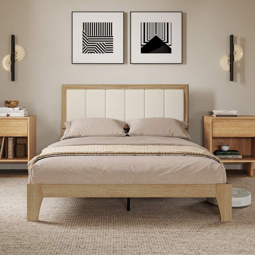HOMCOM Full Size Bed Frame with Upholstered Headboard, Platform Bed Frame with Wooden Slats