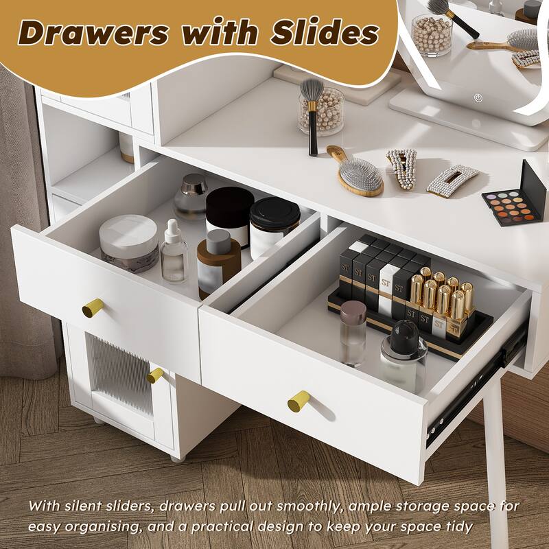 Roomfitters Vanity Desk with Illuminated Mirror, Modern Makeup Station with Glass Cabinets and Shelves, White