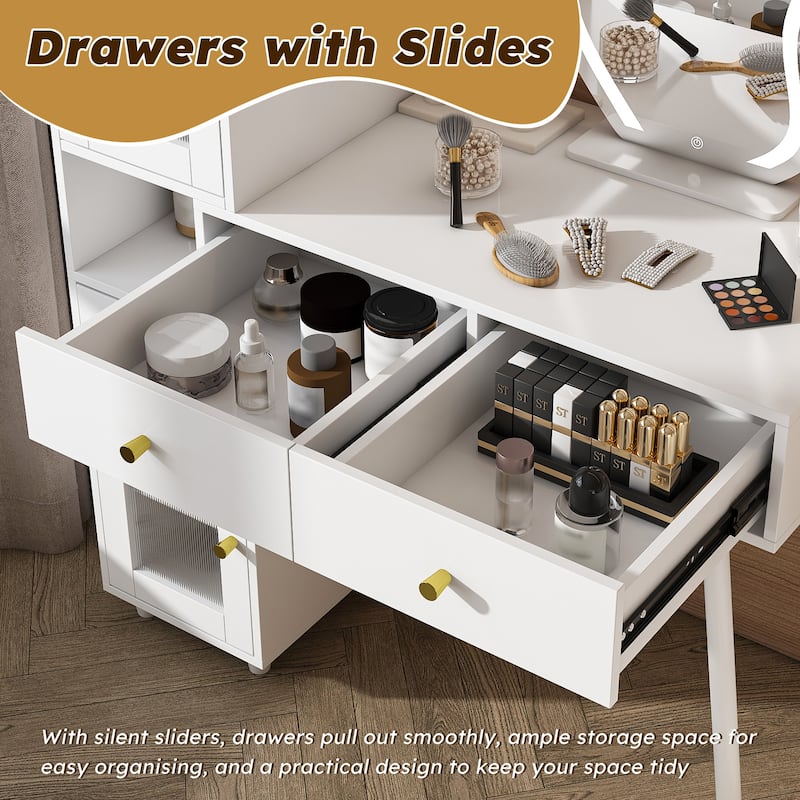 Vanity Dressing Table With Led Mirror & Storage-White Makeup Desk Features 3 Drawers,2open Shelves&4 Hidden Cabinets