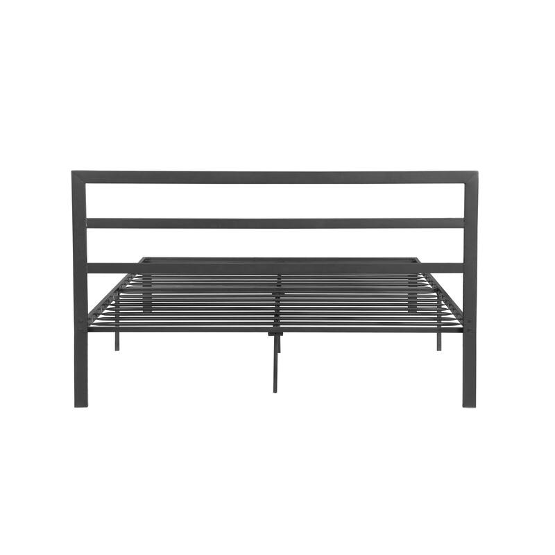 Queen Size Metal Platform Bed with Wood Headboard and Storage Space