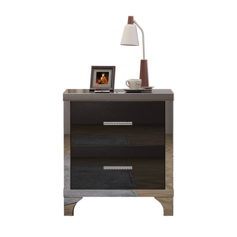 High Gloss Mirrored Nightstand with 2 Drawers,Modern End Table with Drawers,Mirrored High Gloss Wood Nightstand Metal Handle