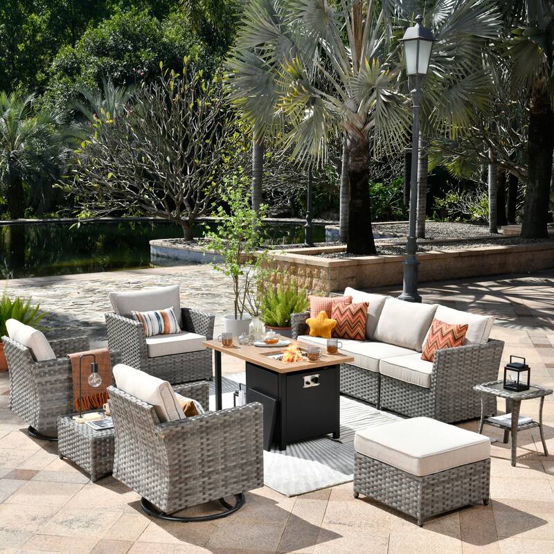 OVIOS 10-Piece Patio Wicker Conversation Rocking Chair Set With Fire Table - Beige