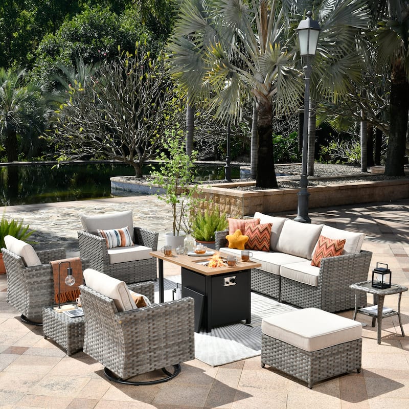 XIZZI 10-piece Outdoor Patio Furniture Rattan Wicker Conversation Sofa Set with Fire Pit - Ivory