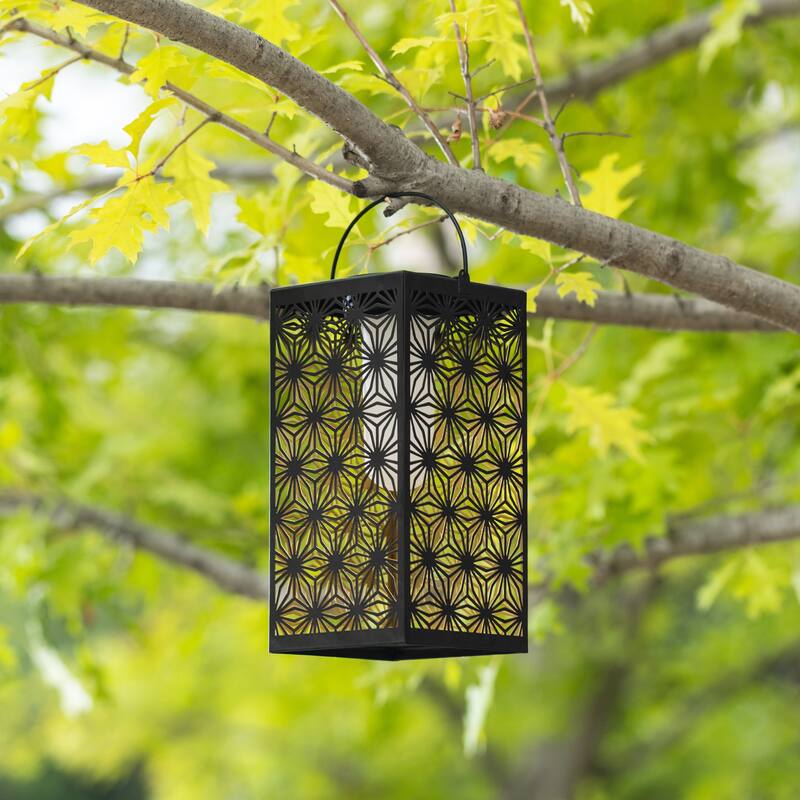 Glitzhome 11"H Black Metal Cutout or Square Textured Glass Pattern Solar Powered Hanging Lantern with LED Light