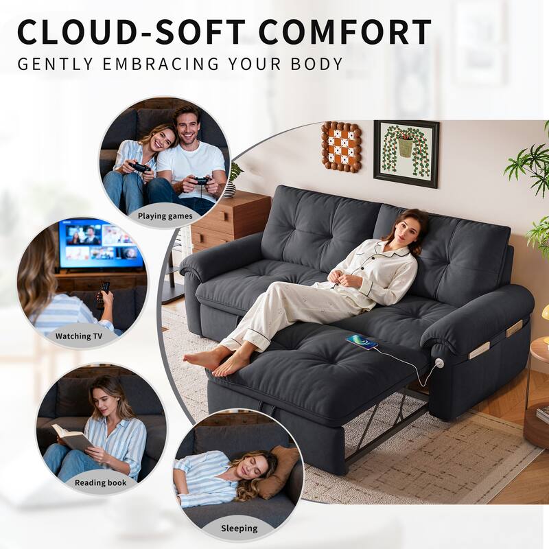2-in-1 Velvet Pull Out Sleeper Sofa Bed Convertible Loveseat Couch for Sitting, Napping or Sleeping with Side Pockets and USB