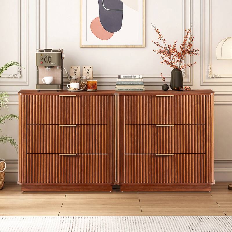 Modern Fluted 3-Drawer Dresser Nightstand with Easy Clean Waterproof Surface (Set of 2) - Walnut