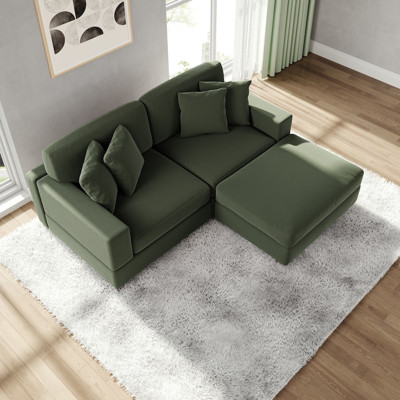 Modular Corduroy Sectional Sofa Set Chaise Couch with Ottoman