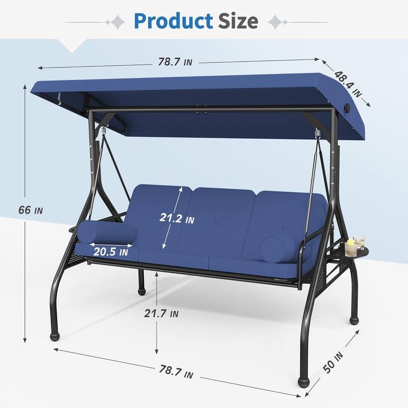 Outdoor Patio 3-Seat Porch Swing Cushioned Seat Bench Chair with Adjustable Tilt Canopy & Side Trays