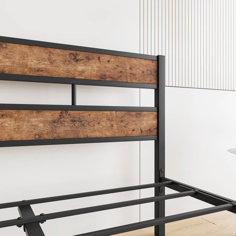 Platform Bed Frame with Rustic Vintage Wood Headboard