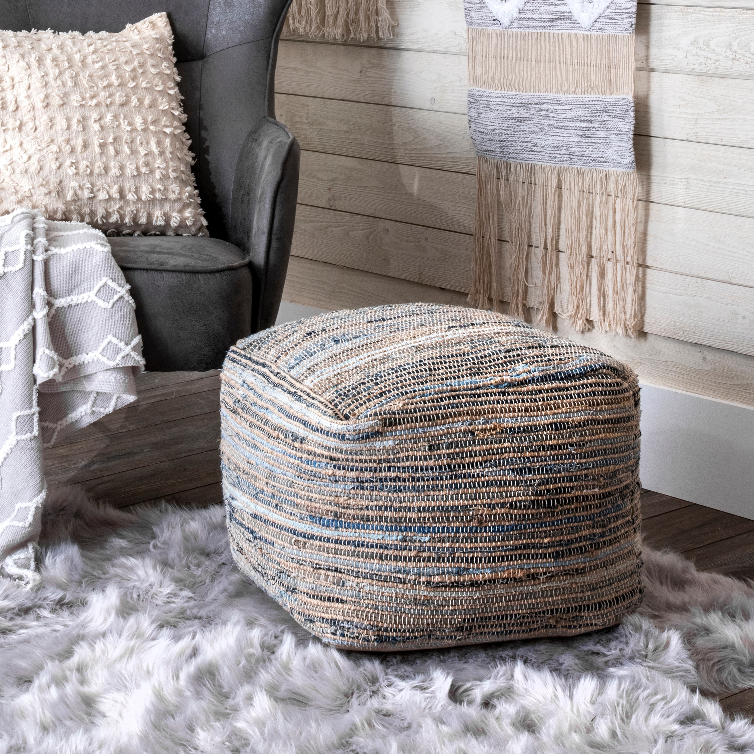 Nuloom Granada Knitted Casual Denim and Jute Ottoman Pouf