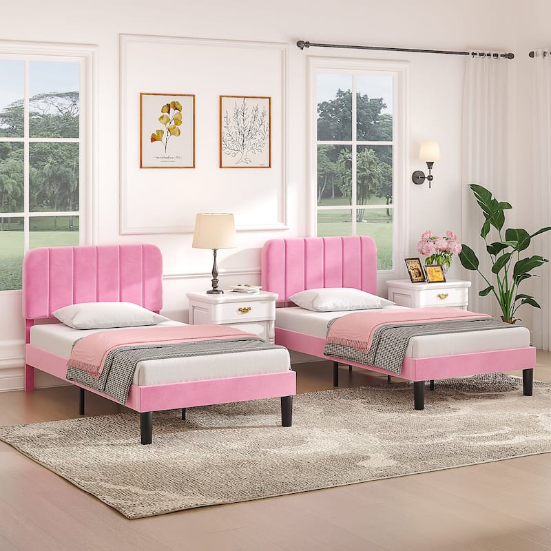 2 Pack Kids Bed Frame Height Adjustable Upholstered Headboard Bed Twin Size Bed Set of 2