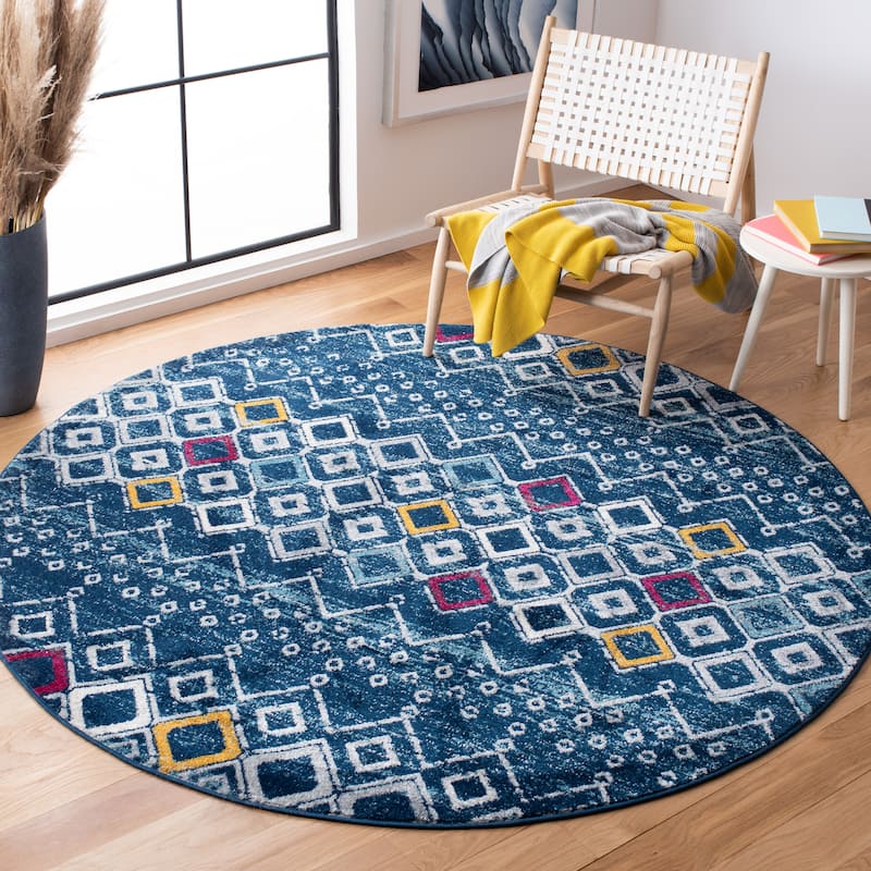 SAFAVIEH Amsterdam Bridget Moroccan Boho Rug - 6'7" Round - Navy/Turquoise - Round