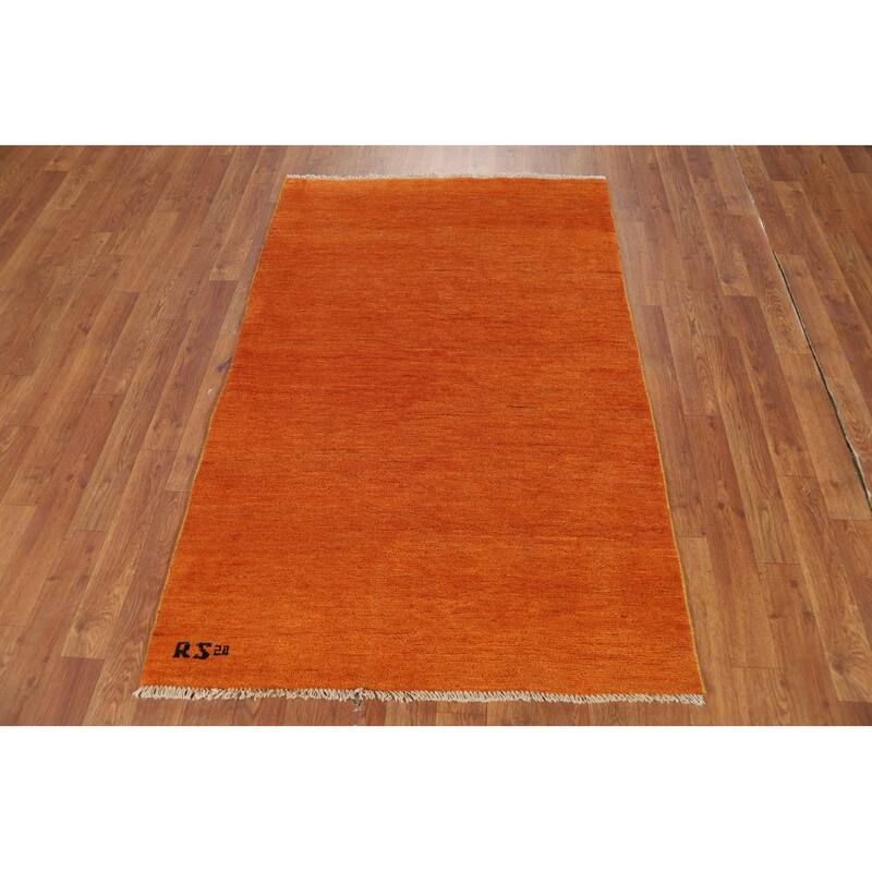 Contemporary Gabbeh Oriental Foyer Rug Hand-Knotted Orange Wool Carpet - 3'2"x 4'11"
