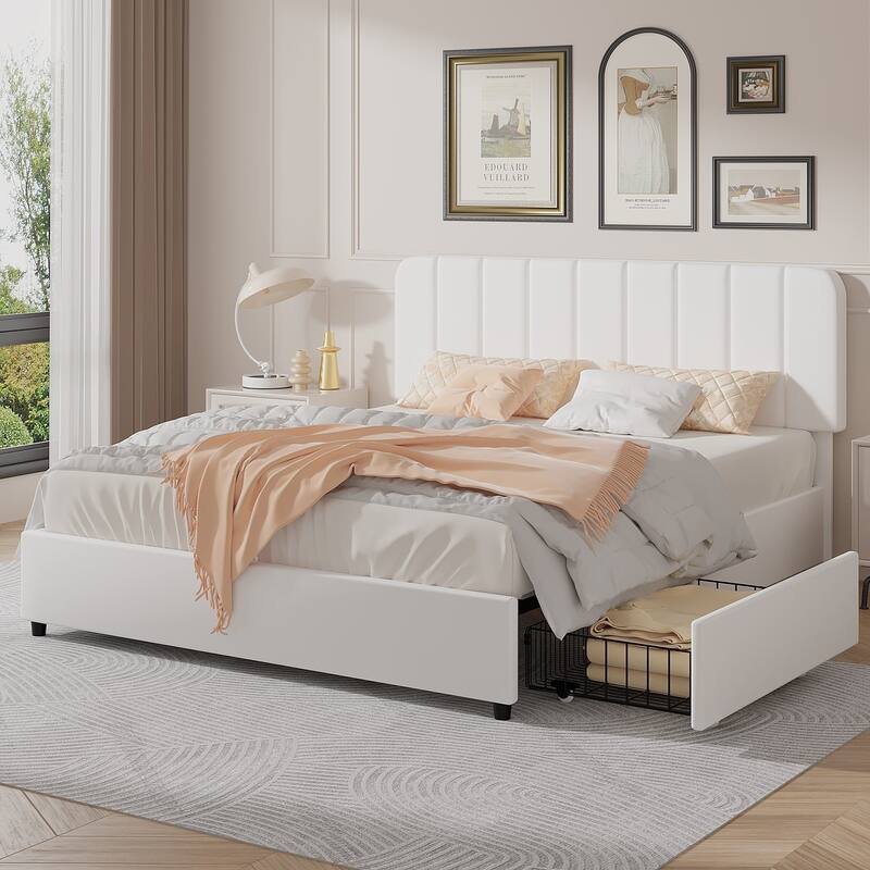 Javlergo Upholstered Platform Bed Frame with Storage Drawers and Adjustable Headboard, No Box Spring Needed - White - Full