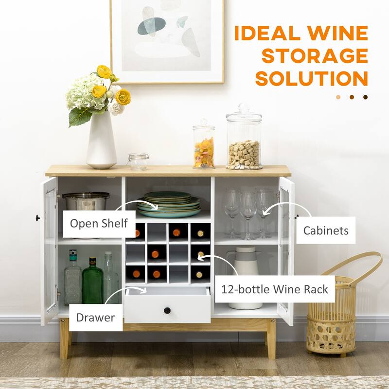 HOMCOM Glass Door Kitchen Sideboard, Buffet Cabinet with 12-Bottle Wine Rack, Drawer and Shelves, Coffee Bar Cabinet