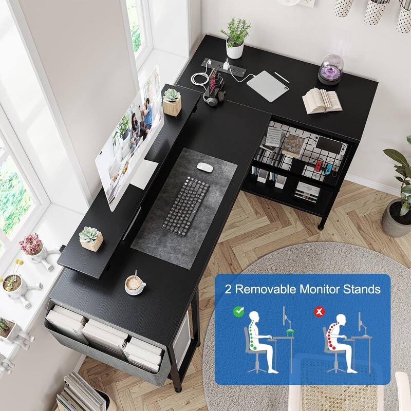 L Shaped Computer Desk with Power Outlets & LED Light, 49.6" Reversible Corner Computer Desk