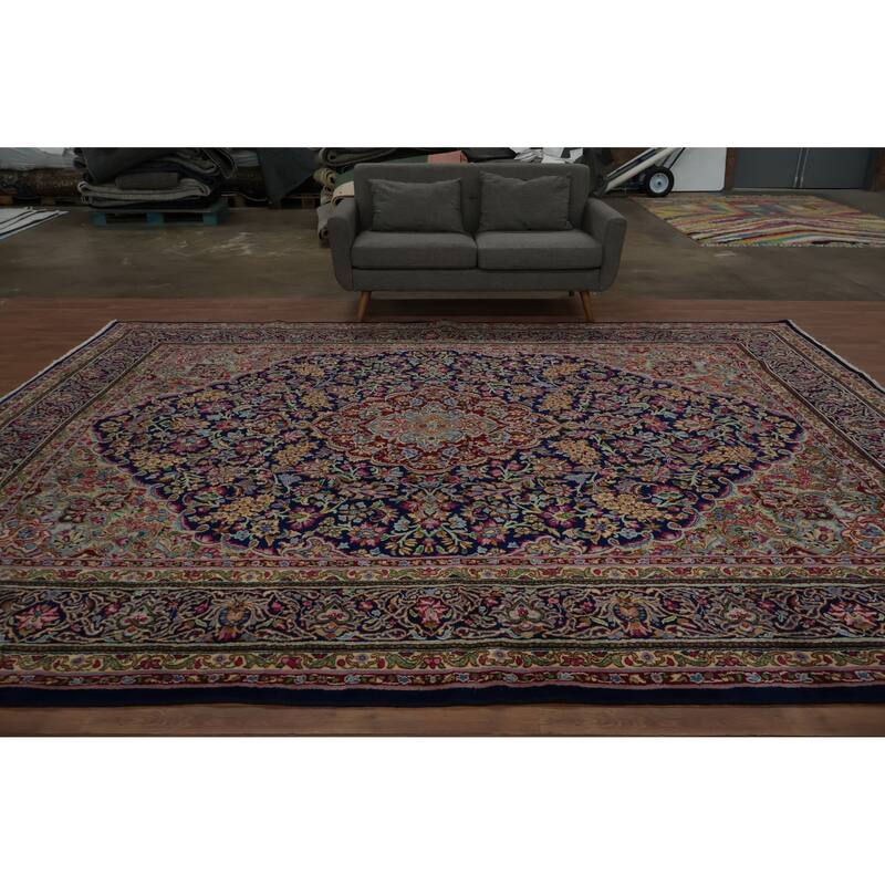 Hand Knotted Oriental 100% Wool Carpet Traditional Floral Navy Blue & Blues Kerman Area Rug - 13' 0'' X 9' 11''
