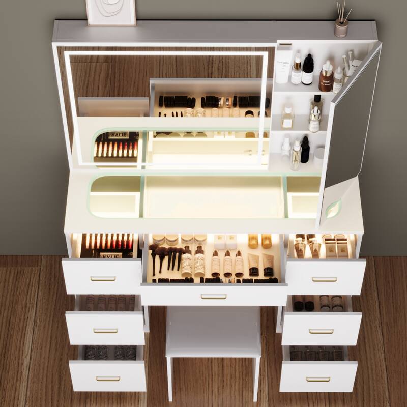 Glass Top Vanity Set with Lighted Mirror,Extra Large Mirror Makeup Vanity Table with 7 Drawers&Cushioned Stool