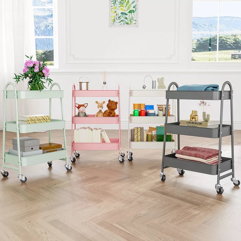 3-Tier Metal Rolling Utility Cart Multifunctional Organizer with Handle and Lockable Wheels - 17.4"D x 12.04"W x 31.02"H
