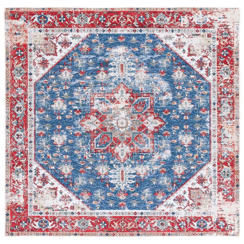 SAFAVIEH, Tucson Machine Washable Slip Resistant Therese Oriental Medallion - 7' Square - Blue/Red