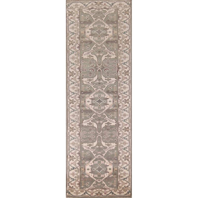 All-Over Green & Ivory Oushak Oriental Runner Rug Handmade Wool Carpet - 2'7"x 9'11"
