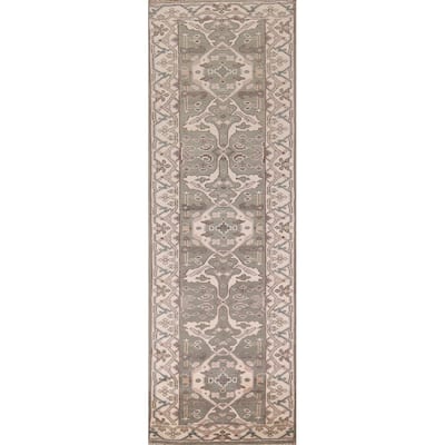 All-Over Green & Ivory Oushak Oriental Runner Rug Handmade Wool Carpet - 2'7"x 9'11"
