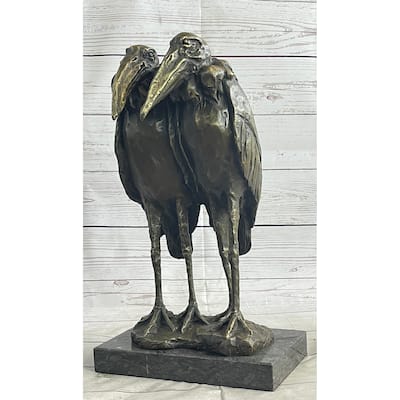 Two Birds Pelicans Storks Vultures Water Fowl Bronze Sculpture Statue On Marble Base