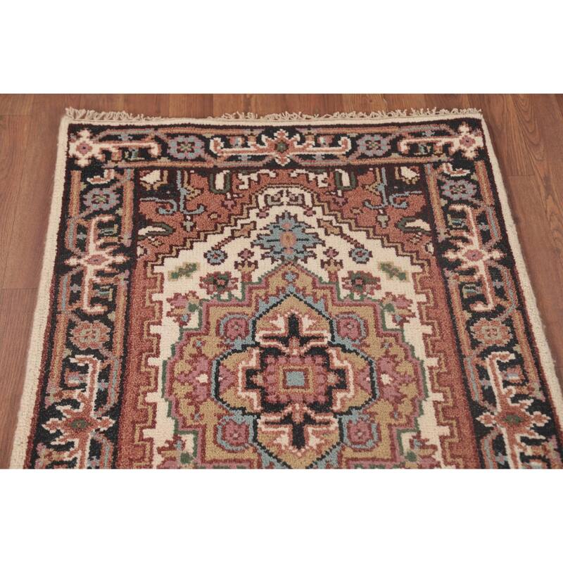 Geometric Beige Heriz Serapi Runner Rug Hand-Knotted Wool Carpet - 2'7"x 7'11"