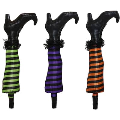 Haunted Hill Farm Set of Three 19-In. Light-Up Witch Leg Stakes, Outdoor Halloween Lawn and Garden Decoration, LED, Battery