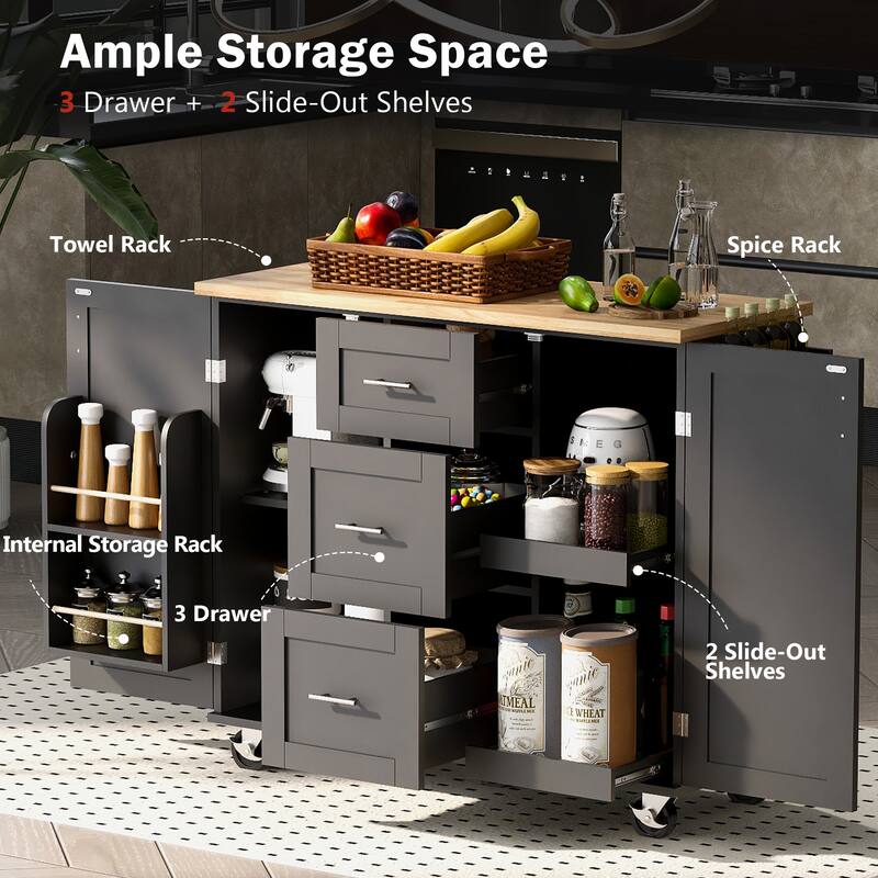 Rolling Kitchen Island with Rubber Wood Top, 3 Drawer, 2 Slide-Out Shelf & Internal Storage Rack, Spice Rack & Tower Rack