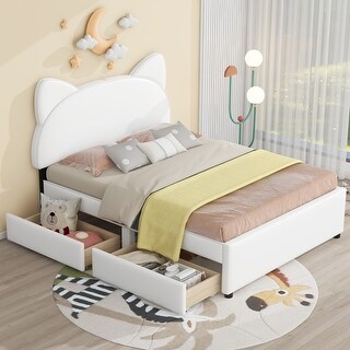 Full Size Platform Bed with Cartoon Ears Shaped Headboard and 2 Drawers