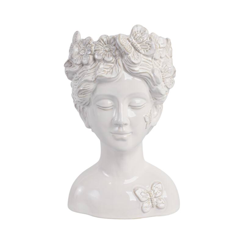 Ceramic Pot Planter Lady Crown Flower and Butterfly - 12" Ivory - 8" x 7" x 12"