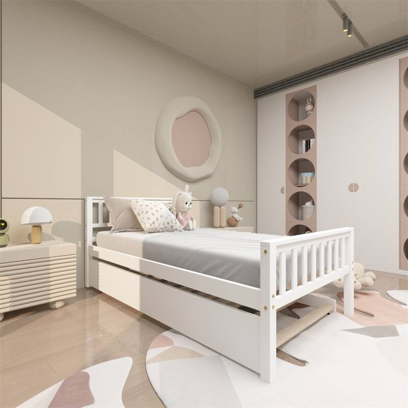 Twin Size Platform Bed Frame with Trundle for Small Space-White - White