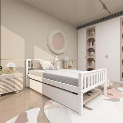 Twin Size Platform Bed Frame with Trundle for Small Space-White