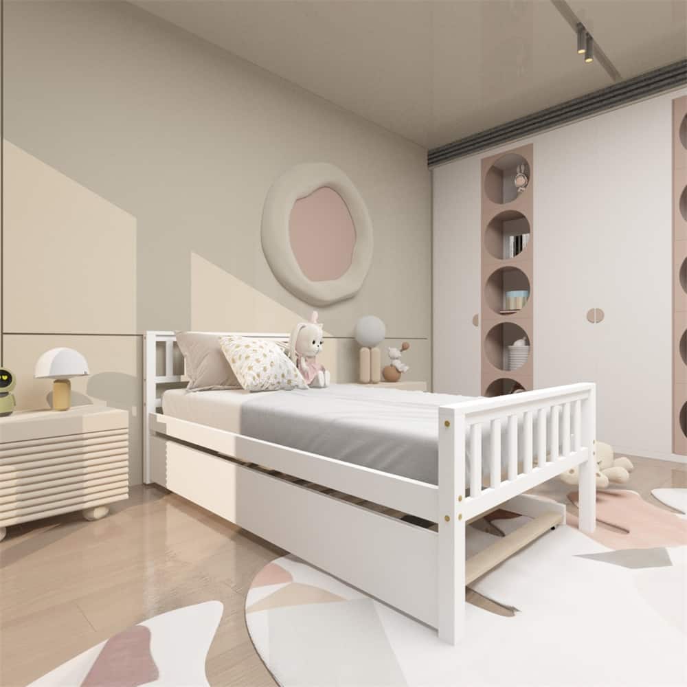 Twin Size Platform Bed Frame with Trundle for Small Space-White