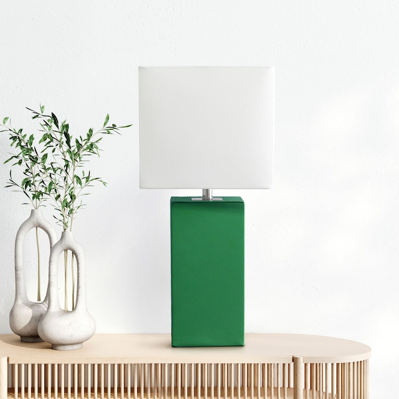 Leather Table Lamp with White Fabric Shade