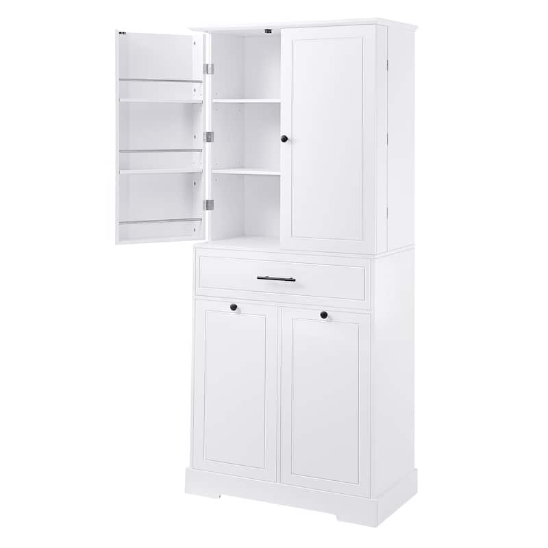Freestanding Bathroom Storage Cabinet with Doors & Drawers, Tilt-Out Laundry Hamper, Adjustable Shelf, Multiple Storage Spaces