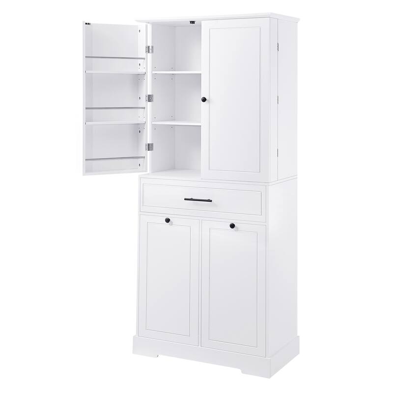 Roomfitters 72" Tall Bathroom Storage Cabinet with Tilt-Out Laundry Hamper, 3 Adjustable Shelves & Door-Mounted Racks, White
