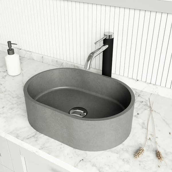 slide 2 of 11, VIGO ConcretoStone Oval Vessel Bathroom Sink with Lexington Bathroom Faucet and Pop-Up in Brushed Nickel Ash