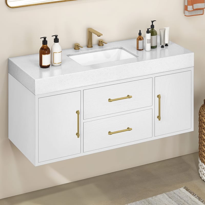 Moasis 40"/48" Wide Floating Wall Mounted Bathroom Vanity with 2 Drawers & 2 Storage Cabinet - 48 Inch - White