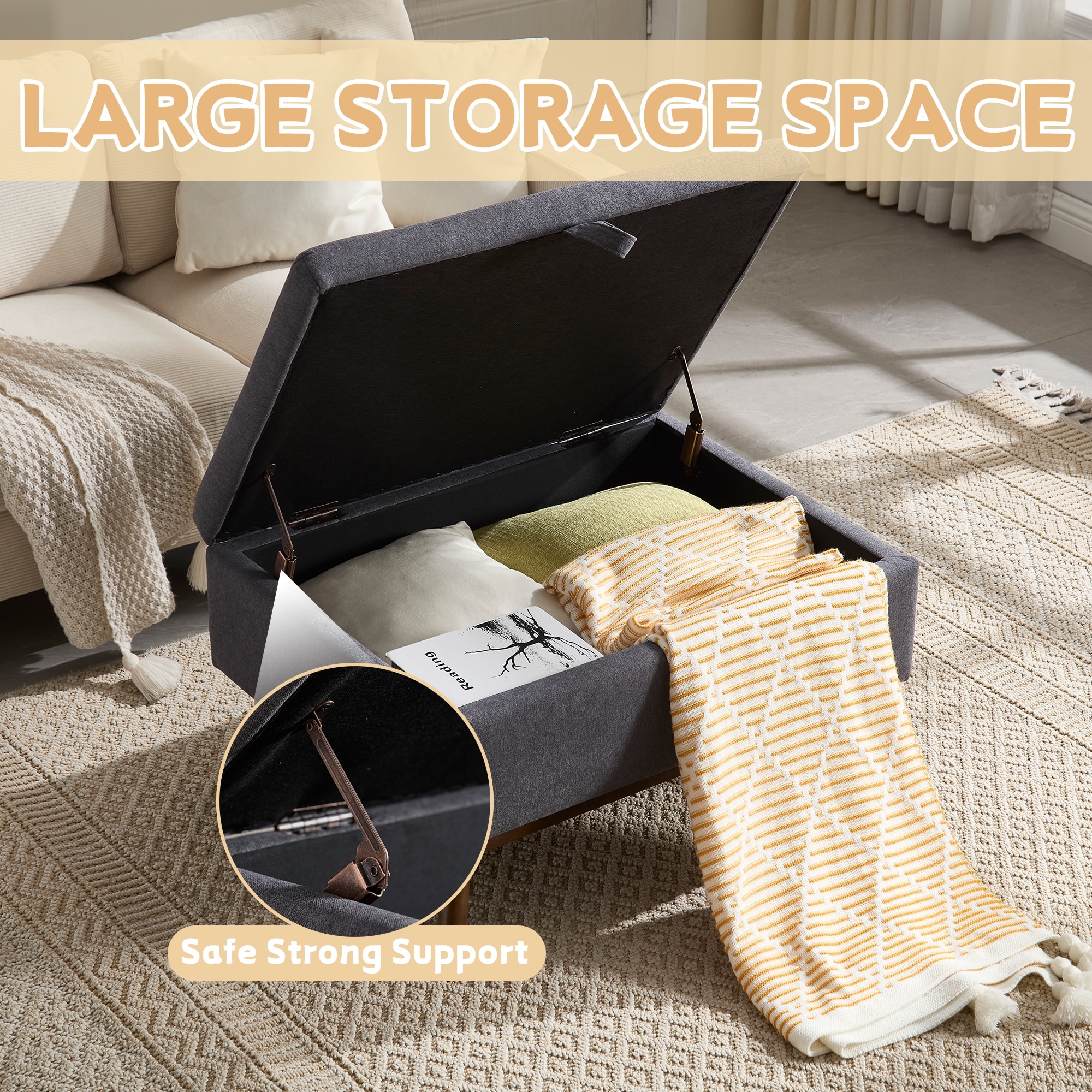 Mid-Century Modern Square Coffee Table Storage Bench For Multi-Functional Use