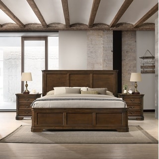 Roundhill Furniture Maderne 3-Piece Wood Bedroom Set, Panel Bed and Two Nightstands