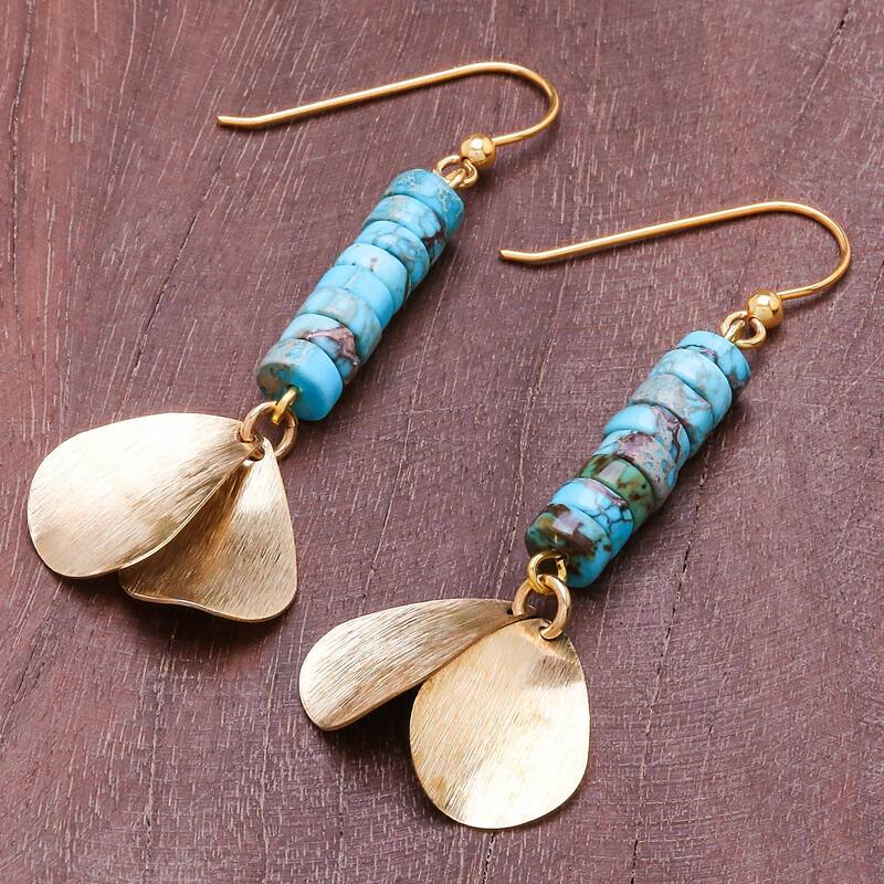 NOVICA Sea Gold, Brass and reconstituted turquoise dangle earrings - 2.6*0.5